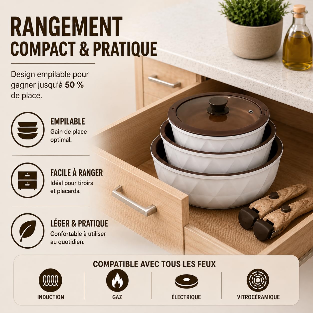 Royal Swiss® Batterie de Cuisine Induction 9 Pièces, Poignées Amovibles, Casseroles & Poêles Empilables, Revêtement Antiadhésif Sans PFAS, Couvercle Universel, Tous Feux, Beige
