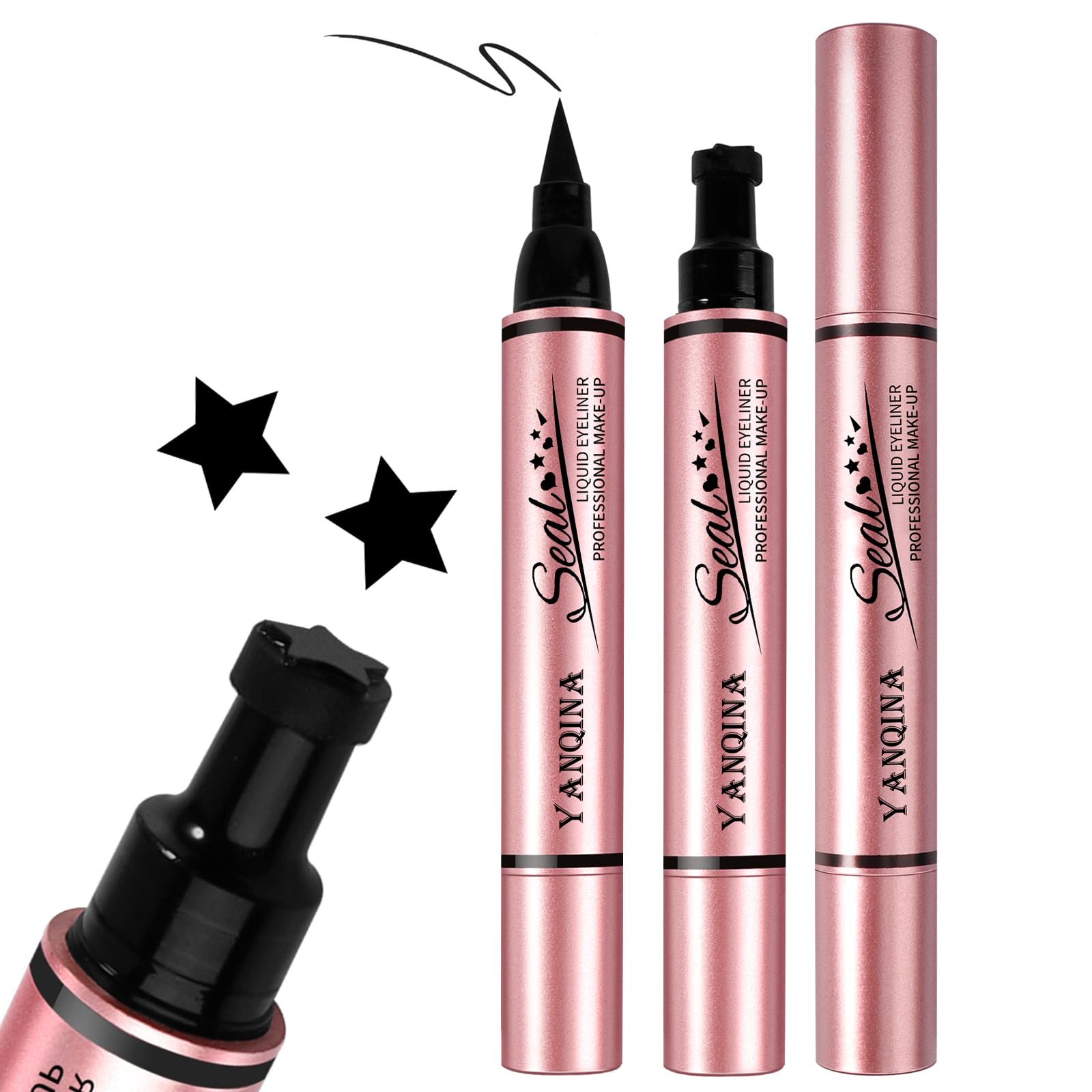 Black Eyeliner Stamp Stencil Pen - Versatile 2-in-1 Liquid Eyeliner Pencil Winged Eyeliner Stamp, Heart & Star Shapes, Long-lasting, Waterproof, Smudge-Proof Eyeliner Makeup Pen