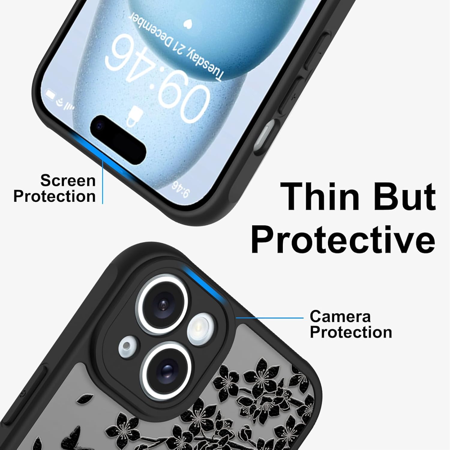 Cute Case for iPhone 15 Case with Stand [ Compatible with MagSafe ] Kawaii Black Cat & Floral & Butterflies Pattern Design 360 Magnetic Ring Kickstand Phone Cover for Women Girls Boys