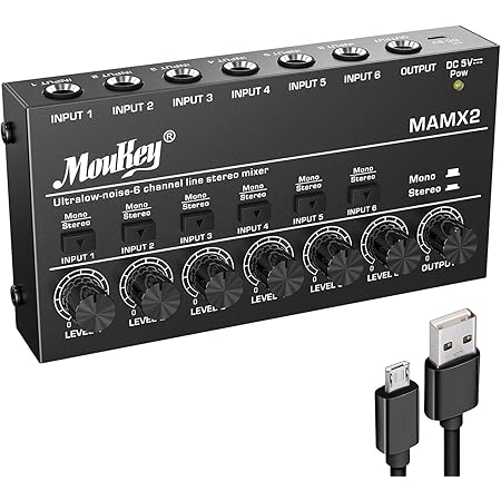 Moukey Ultra Low-Noise 6-Channel Line Mixer for Sub-Mixing, DC 5V 6-Stereo Mini Audio Mixer, Ideal for Small Clubs or Bars. As Microphones, Guitars, Bass, Keyboards or Stage Mixer-MAMX2