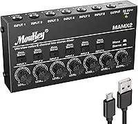 Moukey Mesa De Som, Dc 5V, 6 Canais Estéreo Ultra, Mixer De Linha De 6 Canais Com Baixo Ruído Para Submixagem, Ideal Para Pequenos Clubes Ou Bares, Como Mixer Para Guitarras, Baixos E Teclados, Mamx2