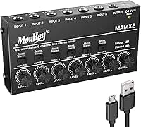 Moukey Mesa De Som, Dc 5V, 6 Canais Estéreo Ultra, Mixer De Linha De 6 Canais Com Baixo Ruído Para Submixagem, Ideal Para Pequenos Clubes Ou Bares, Como Mixer Para Guitarras, Baixos E Teclados, Mamx2