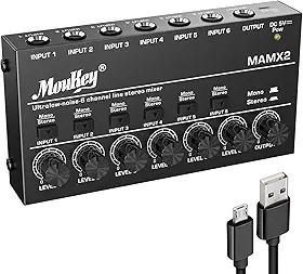 Moukey Mesa De Som, Dc 5V, 6 Canais Estéreo Ultra, Mixer De Linha De 6 Canais Com Baixo Ruído Para Submixagem, Ideal Para Pequenos Clubes Ou Bares, Como Mixer Para Guitarras, Baixos E Teclados, Mamx2