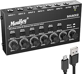 Moukey Mesa De Som, Dc 5V, 6 Canais Estéreo Ultra, Mixer De Linha De 6 Canais Com Baixo Ruído Para Submixagem, Ideal Para Pequenos Clubes Ou Bares, Como Mixer Para Guitarras, Baixos E Teclados, Mamx2