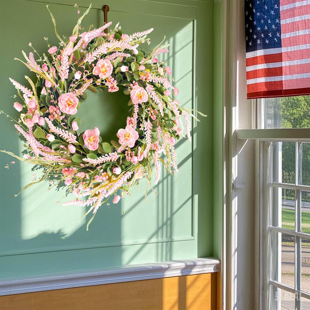 22 Inch Spring Wreath With Eucalyptus, Daisies & Lavender - Summer Door Wall Decor