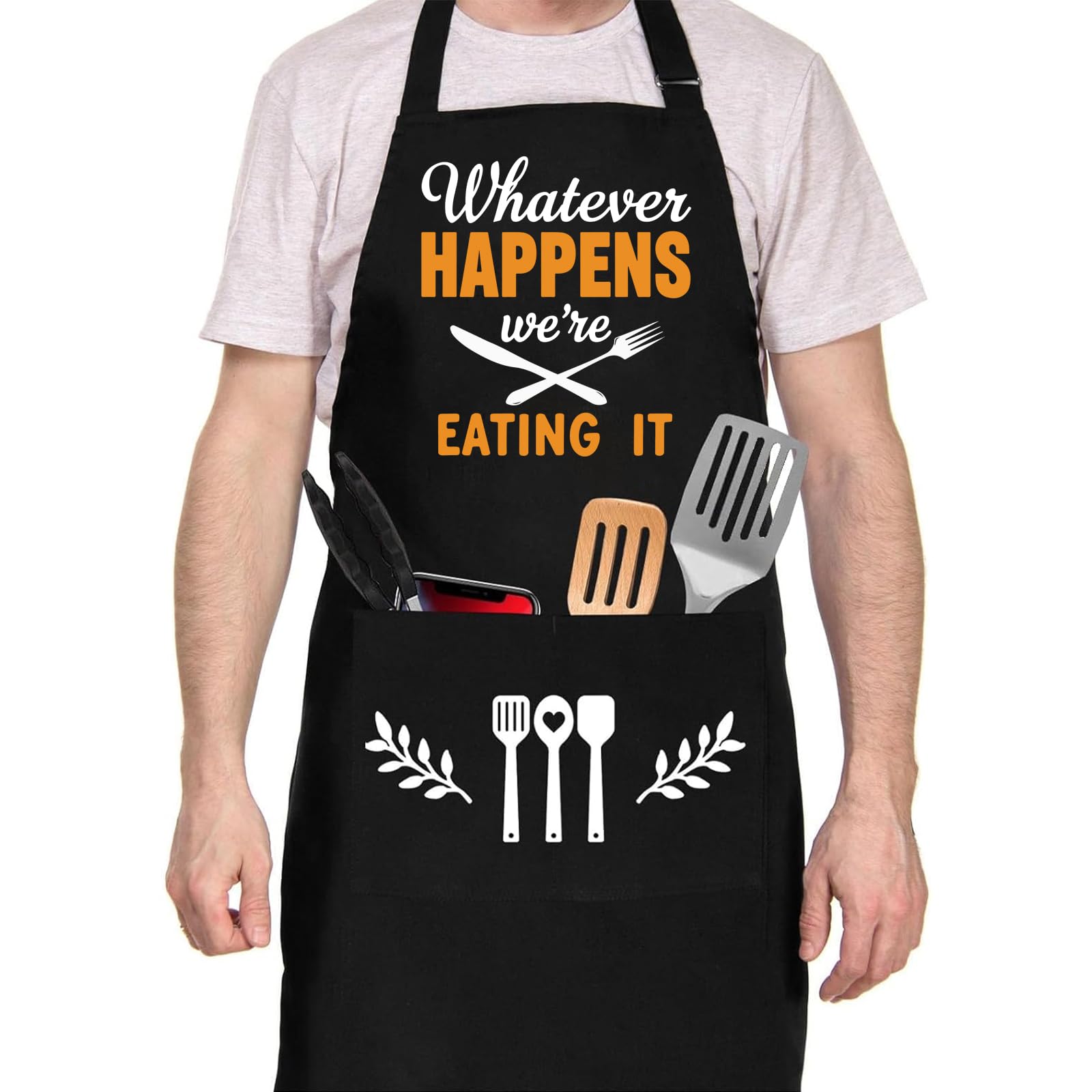 Funny Cooking Grilling BBQ Aprons for Men, Adjustable Chef Kitchen Apron with 2 Pockets, Birthday, Christmas Father Day Gifts for Husband, Dad, Chef, Boyfriend(Whatever Happens We're Eating It)