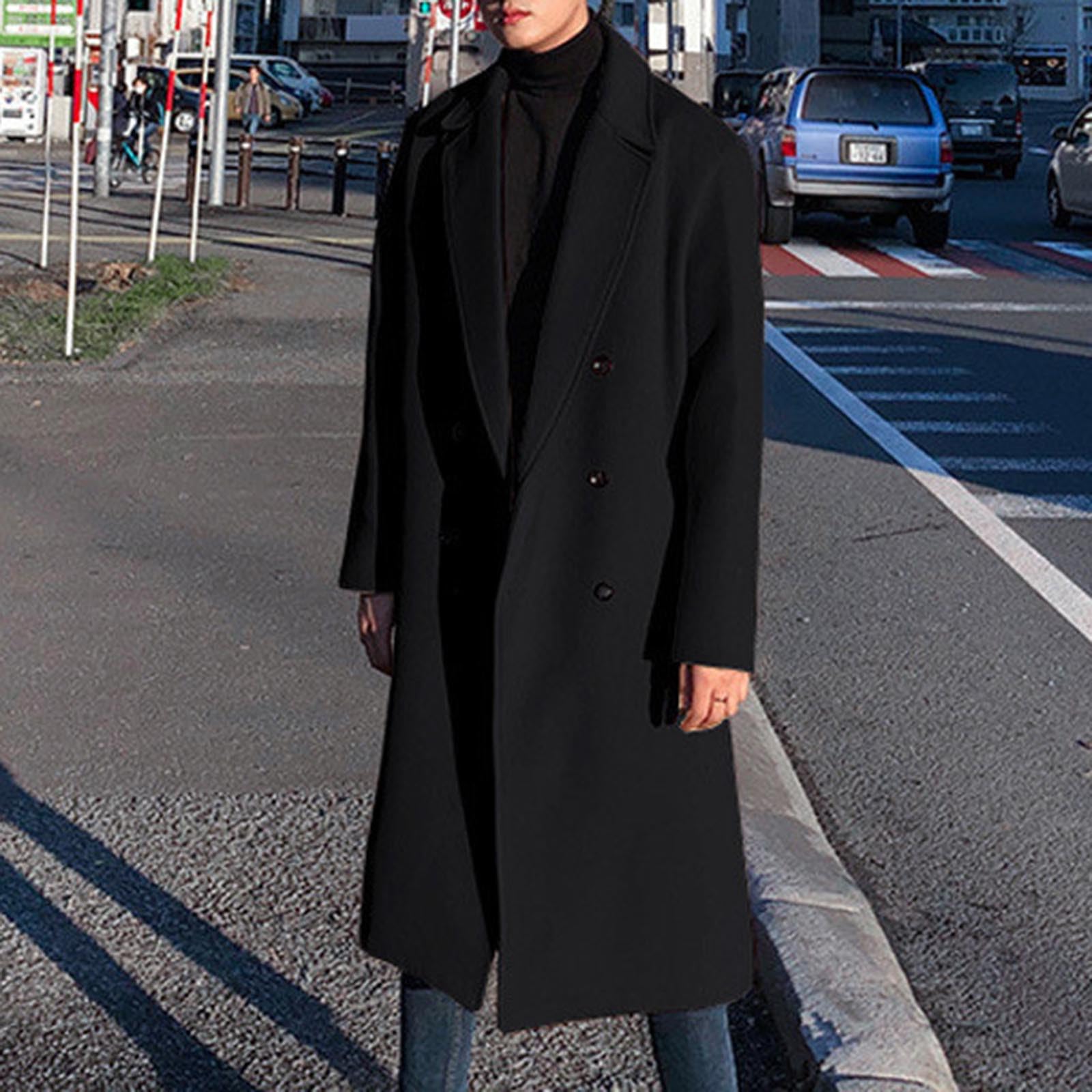 Trench Cappotto invernale da uomo a doppio petto con colletto rovesciato, leggero, tinta unita, da uomo, vestibilità stretta, antivento, lungo