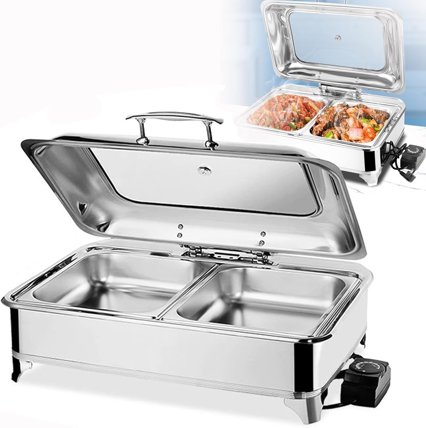 Juego de platos para bufé, servicio profesional con tapa de vidrio y sartén de acero inoxidable, calentador eléctrico para fiestas, bodas, banquetes