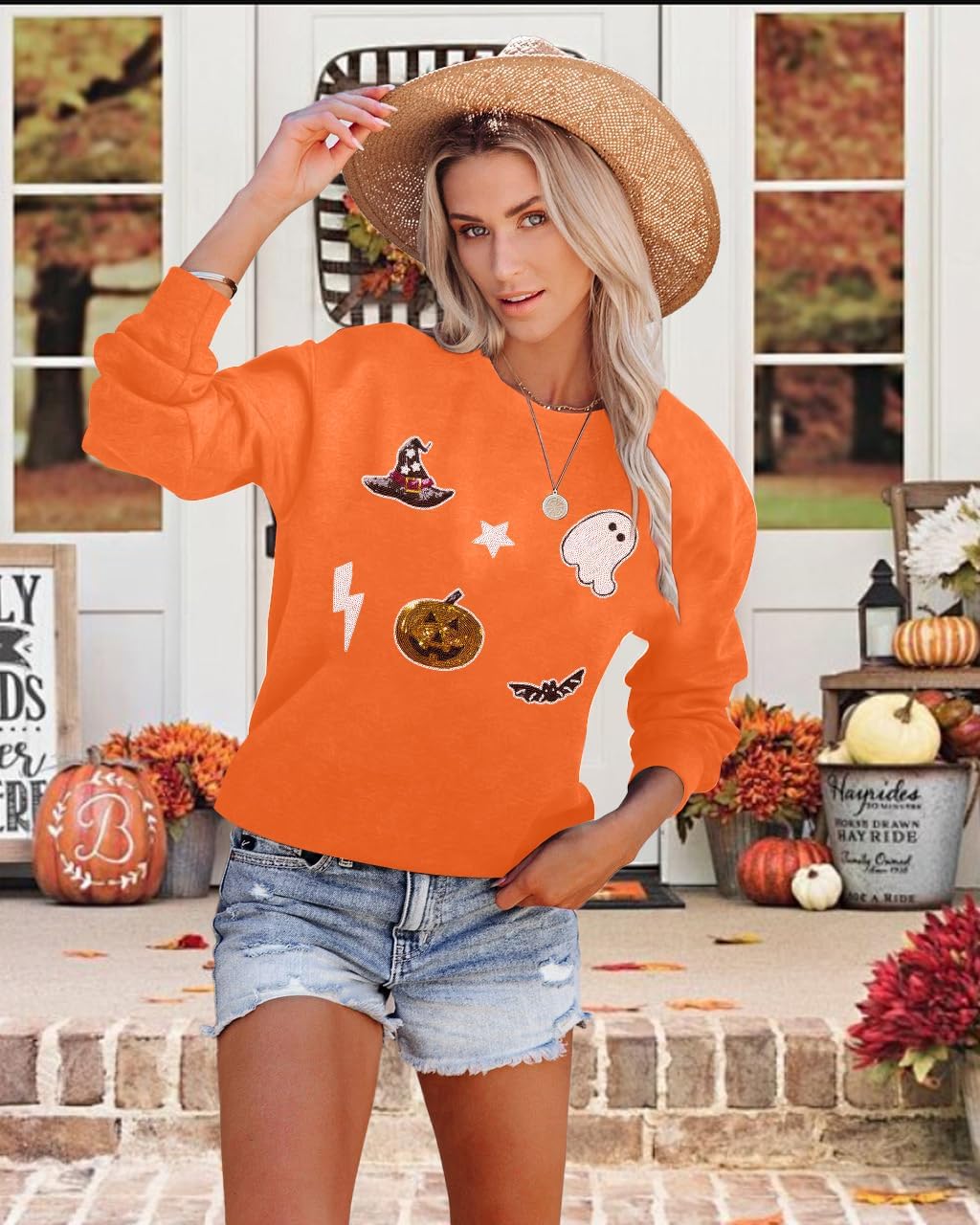 BANGELY Halloween Pumpkin Sweatshirt Women Vintage Ghost Graphic Pullover Tops Funny Spooky Season Long Sleeve Shirt