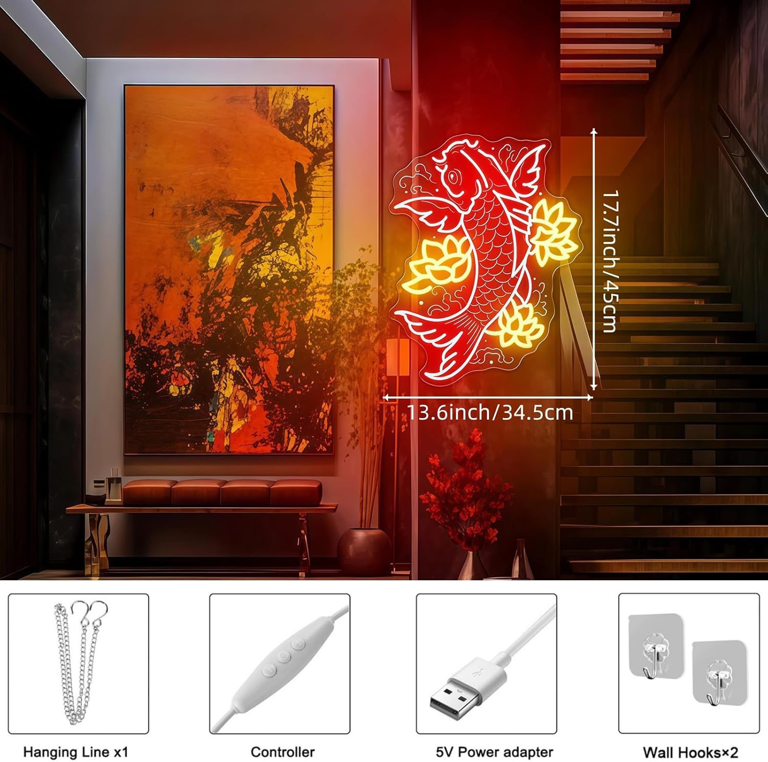 Custom Koi Fish Neon Sign, Lotus Flowers Led Neon Dimmable USB LED Neon Light for Wall Decor, Asian Style LED Light Decor for Bedroom Living Room Home Bar Japanese Decor 13.6″ × 17.7″