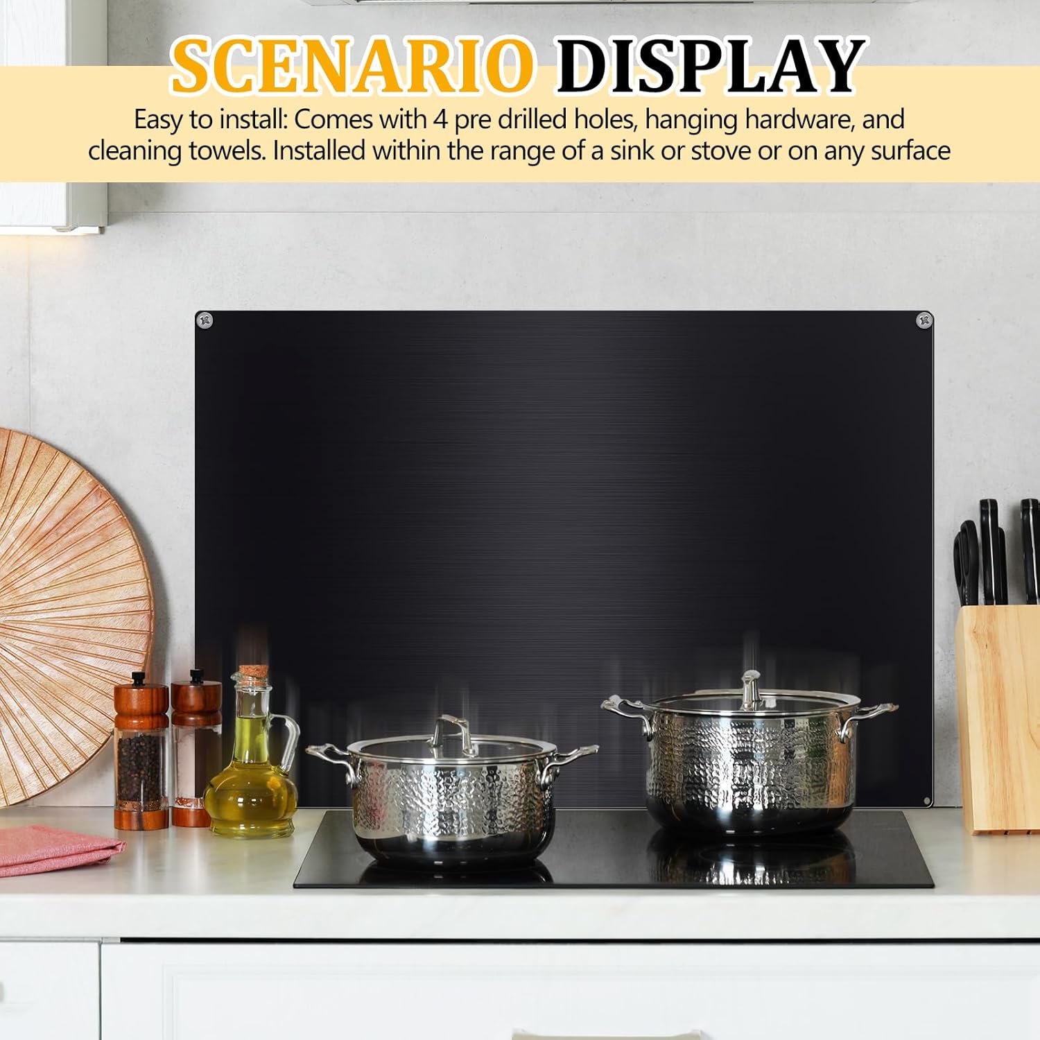 Stainless Steel Backsplash Range Hood Stove Backsplash Back Stainless Steel Sheet for Kitchen Wall Splatter Metal Wall Panels with Screws and Hanging Towel(Black,30×12 Inch)