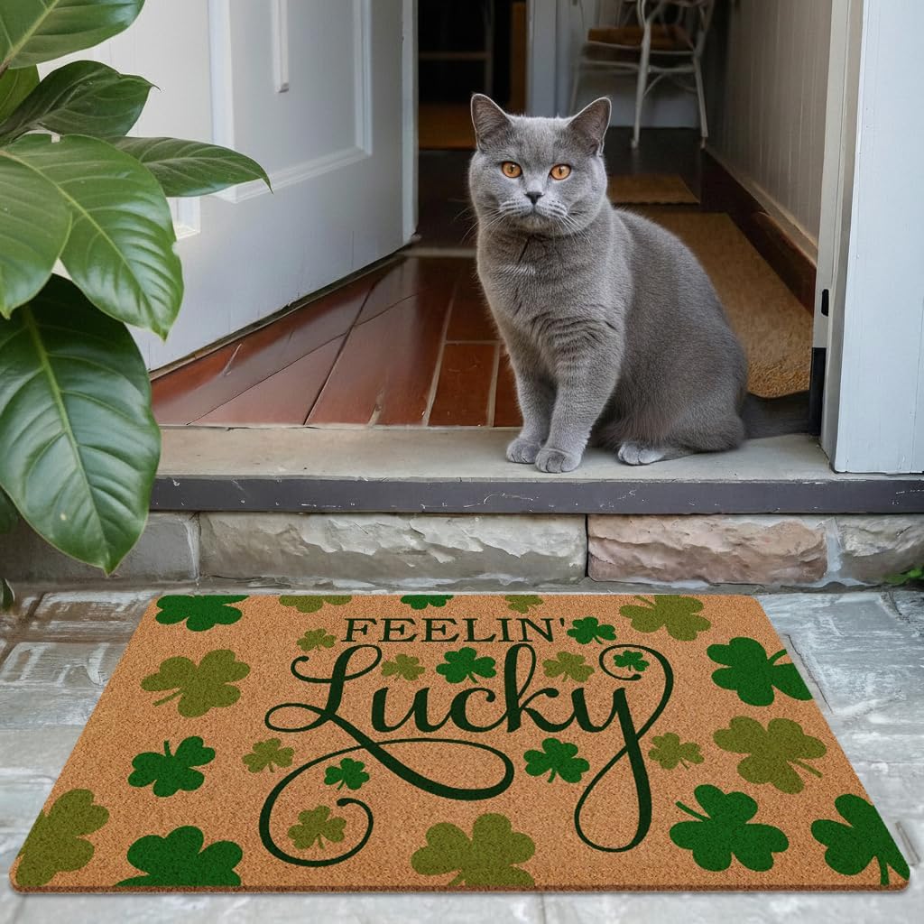 St. Patrick's Day Natural Coir Door Mat, Lucky Green Shamrock Welcome Outside Indoor Entrance Non Slip Doormat, Cute Artificial Coir Porch Back Door Home Decor,17X30in