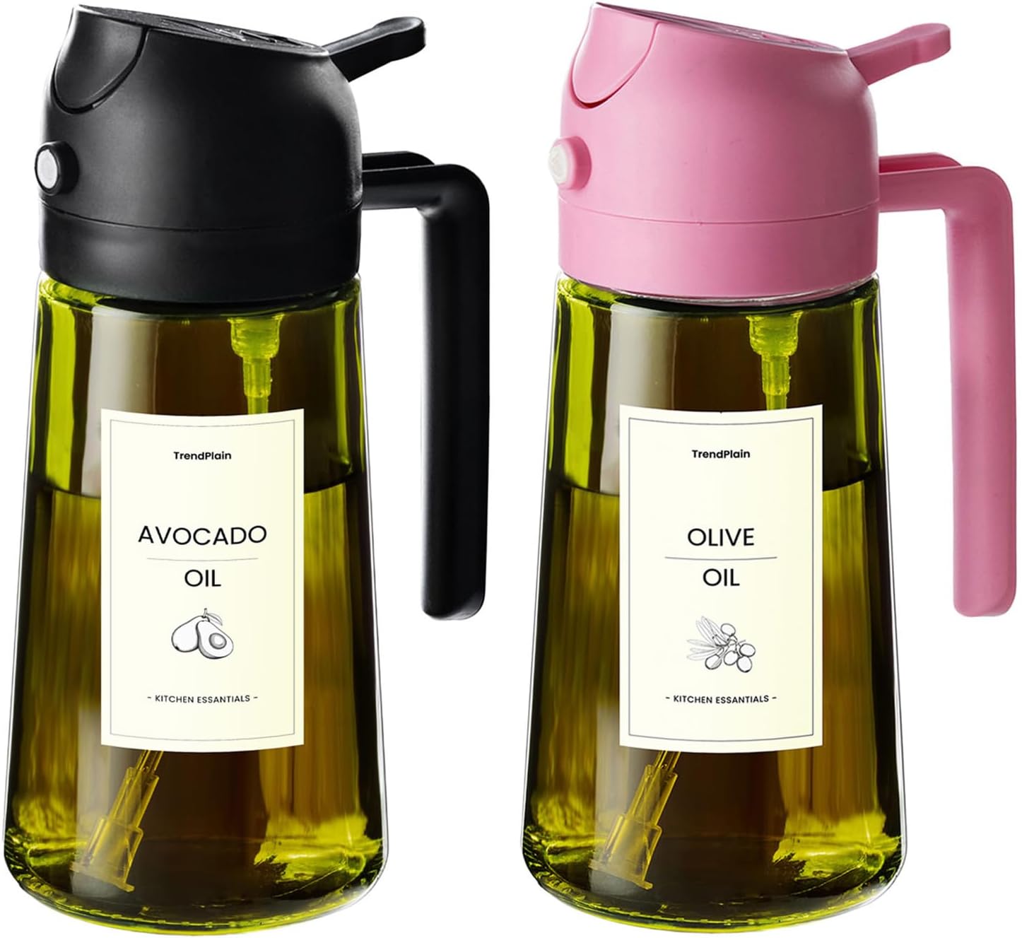 TrendPlain 470ml Olive Oil Spray Bottle - 2 in 1 Olive Oil Dispenser Bottle for Kitchen Accessories - Kitchen Gadgets, For Air Fryer - with Stickers, Light Blocking - Black & Bubblegum