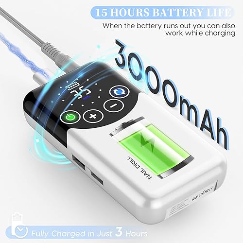Miniatura 2 de ANBEISTEE Taladro de uñas profesional recargable de 35000 RPM, control de pantalla táctil, batería de más de 15 horas, kit de lima de uñas eléctrico
