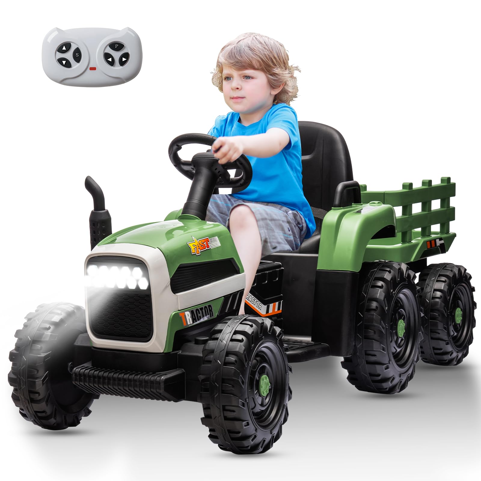 24V Kids Ride on Tractor with Trailer, Dual 200W Motors Boost Power Torque Remote Control, Electric Car for Kids with Three Speed Adjustable, USB, MP3, Bluetooth, LED Light, Safety Belt, Dark Green