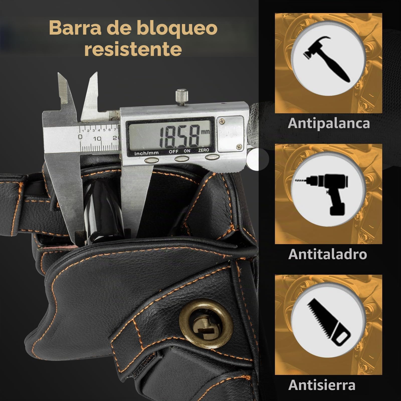 Gancho de Seguridad para Volante con Doble Protección Antirrobo | Bloqueo de Volante para Coche con Inmovilizador Ajustable Universal Cubierta de Cuero 2 Llaves Negro Autocaravana SUV