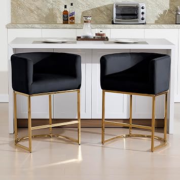 Counter Barstools Set of 2, 26Modern Velvet Kitchen Island Stool, Upholstered Bar Chair with Golden Metal Frame for Bar, Kitchen, Dining Room, Black