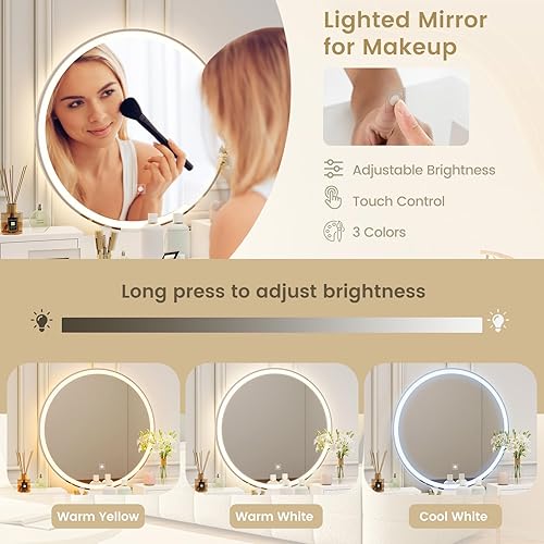 Miniatura 3 de COSTWAY Juego de mesa de tocador con espejo iluminado LED, juego de tocador de maquillaje con 3 modos de iluminación de color y brillo ajustable,