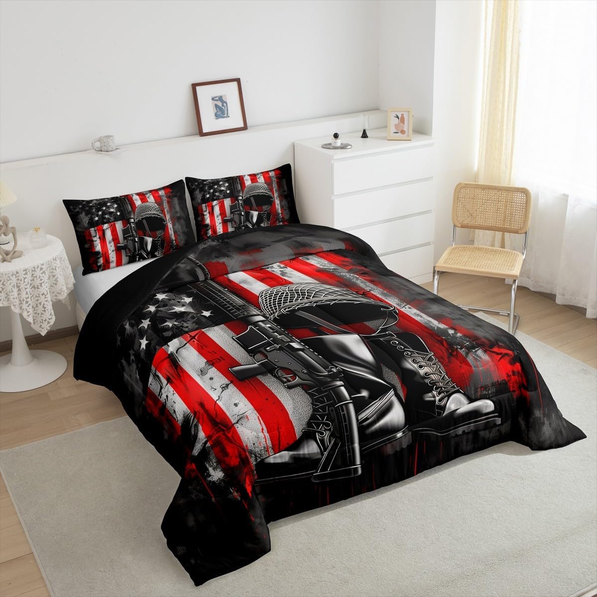 Erosebridal American Flag Comforter Set,Vintage Soldier Guns Bedding Set Black Grey Camo USA National Flag Comforter Retro Combat Boots and Hat Duvet Insert Queen 3Pcs, Independence Gifts