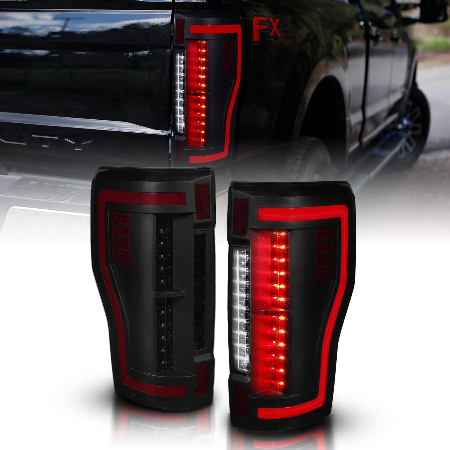 AmeriLite for 2017-2019 Ford Super Duty F250 F350 F450 Full LED Smoke Black Replacement Taillights w/Light Tube Pair - Passenger and Driver