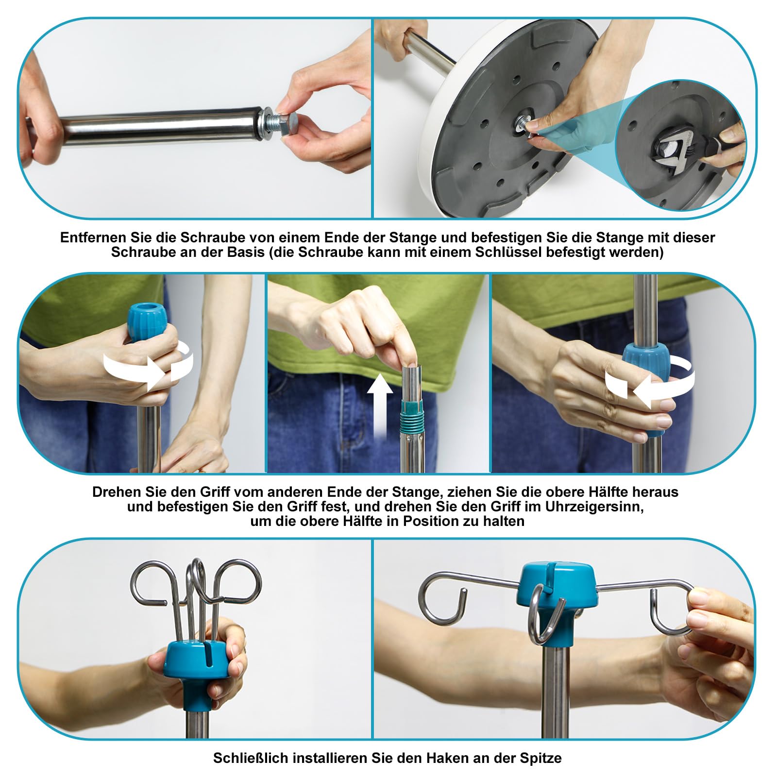 Support à perfusion réglable en hauteur de 113 à 195 cm, avec 4 crochets et base robuste, kit de perfusion médical, portable, porte-perfusion avec porte-perfusion amovible