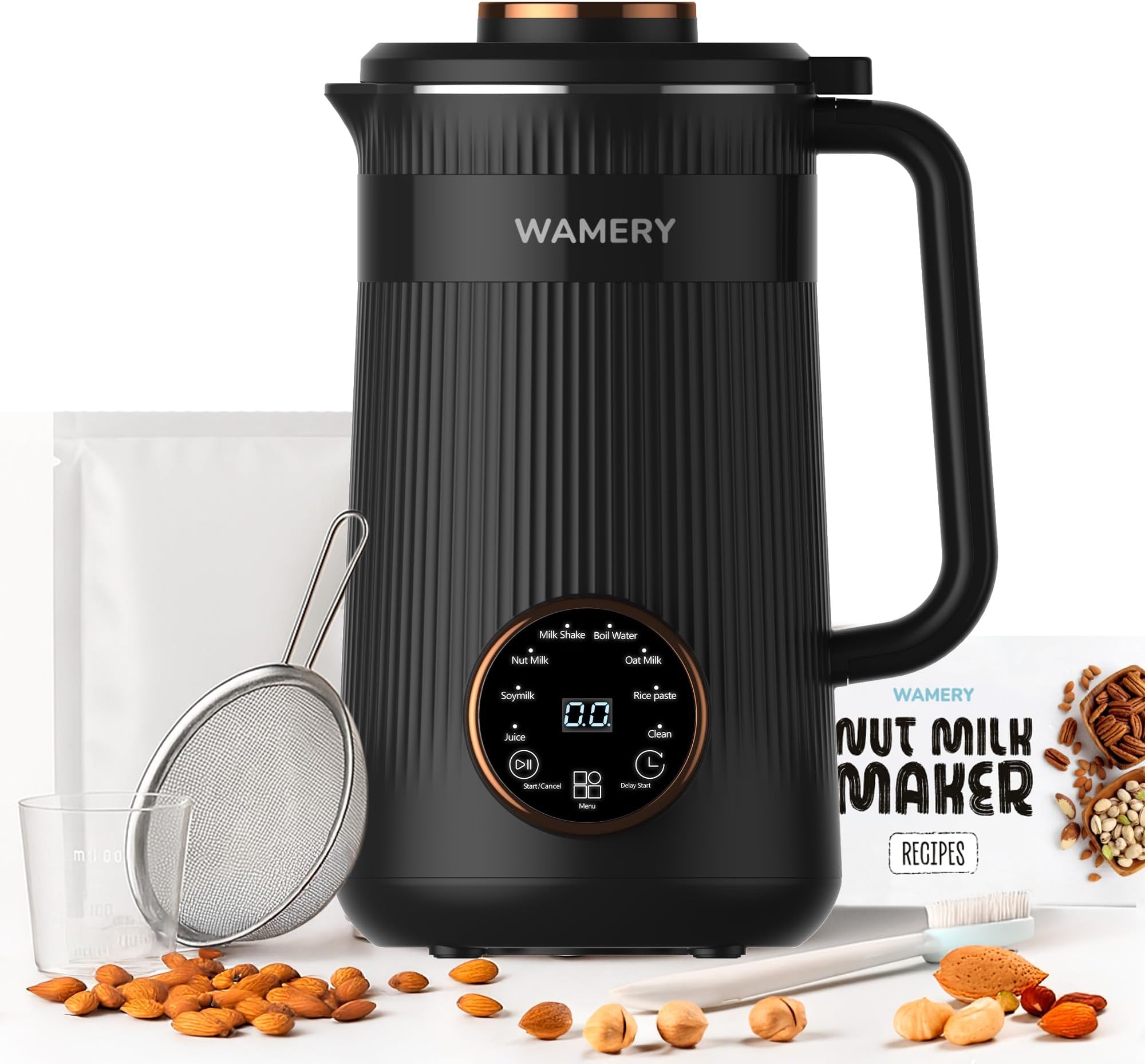 Wamery 32oz Nut Milk Machine (Black) - Soy Milk Maker for Almond & Oat, Blender, Automatic Heated Programs, Self‑Cleaning, Delay Start, Keep Warm & Boil Water, 1‑Liter Capacity with Starter Kit