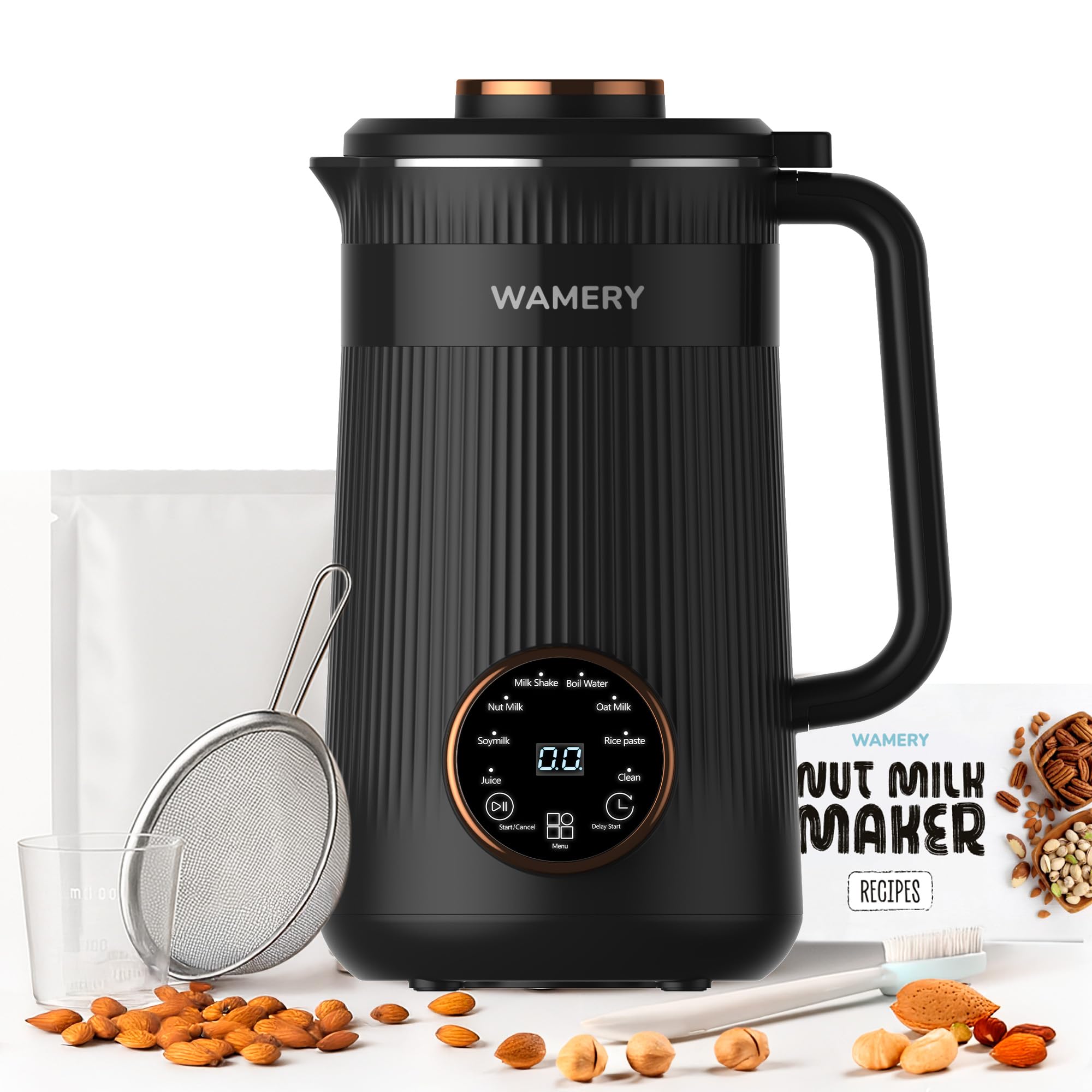 Wamery 32oz Nut Milk Maker Machine (Black) - Soy Milk Maker for Almond & Oat, Automatic Heated Programs, Self‑Cleaning, Delay Start, Keep Warm & Boil Water, 1‑Liter Capacity with Starter Accessories