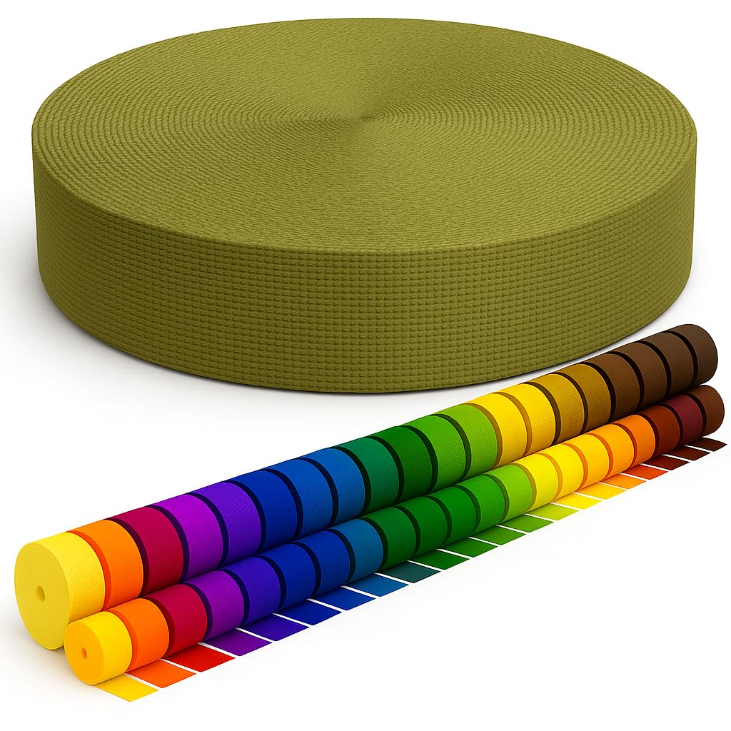 KBBB Gurtband 2m 5m 10m 50m lang – 50 Farben Breiten: 10mm 15mm 20mm 25mm 30mm 40mm 50mm Taschengurt aus Polypropylen, ideal für DIY-Projekte & Handarbeiten 170 Olivgrün 15mm x 5m