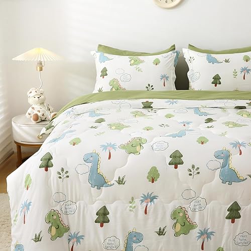 Wajade Juego de edredón de dinosaurios para niños, cama en una bolsa, tamaño individual, 7 piezas, bonito juego de ropa de cama de dinosaurio verde