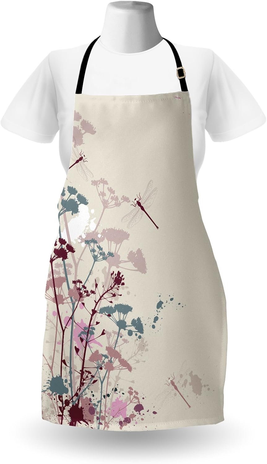 Lunarable Dragonfly Apron, Plants Petals with Dragonfly Soft Color Design with Grunge Effects Vintage Style, Unisex Kitchen Bib Apron with Adjustable Neck for Cooking Baking Gardening, Multicolor