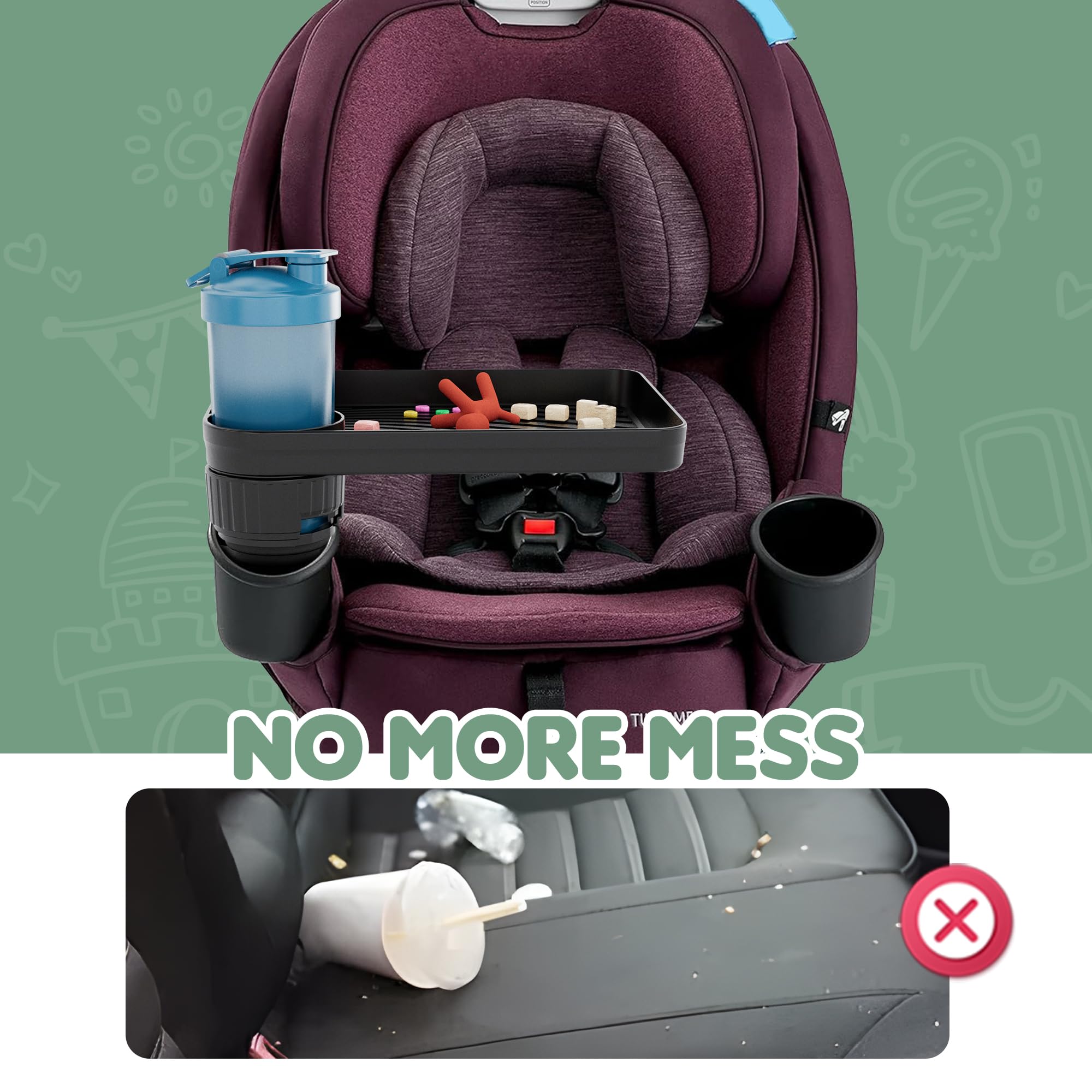 Vassoio da viaggio per seggiolino auto per bambini, con base espandibile per snack, giocattoli, libri, intrattenimento per bambini, essenziale da viaggio, si adatta alla maggior parte