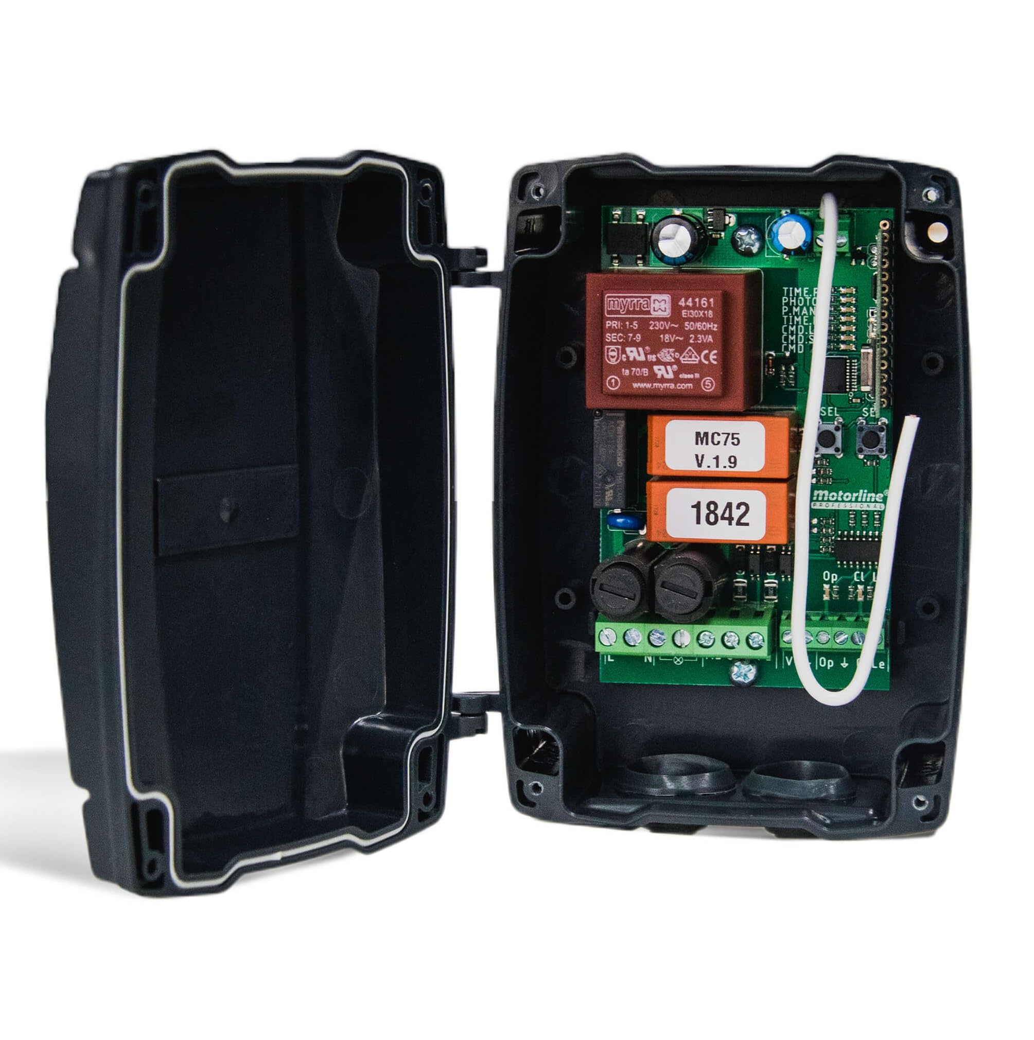 Kit profesional de central de maniobras para motores a 220v de puertas enrollables y persianas, con receptor de radio multimarca incorporado, con 2 mandos a distancia código evolutivo. Alta calidad.
