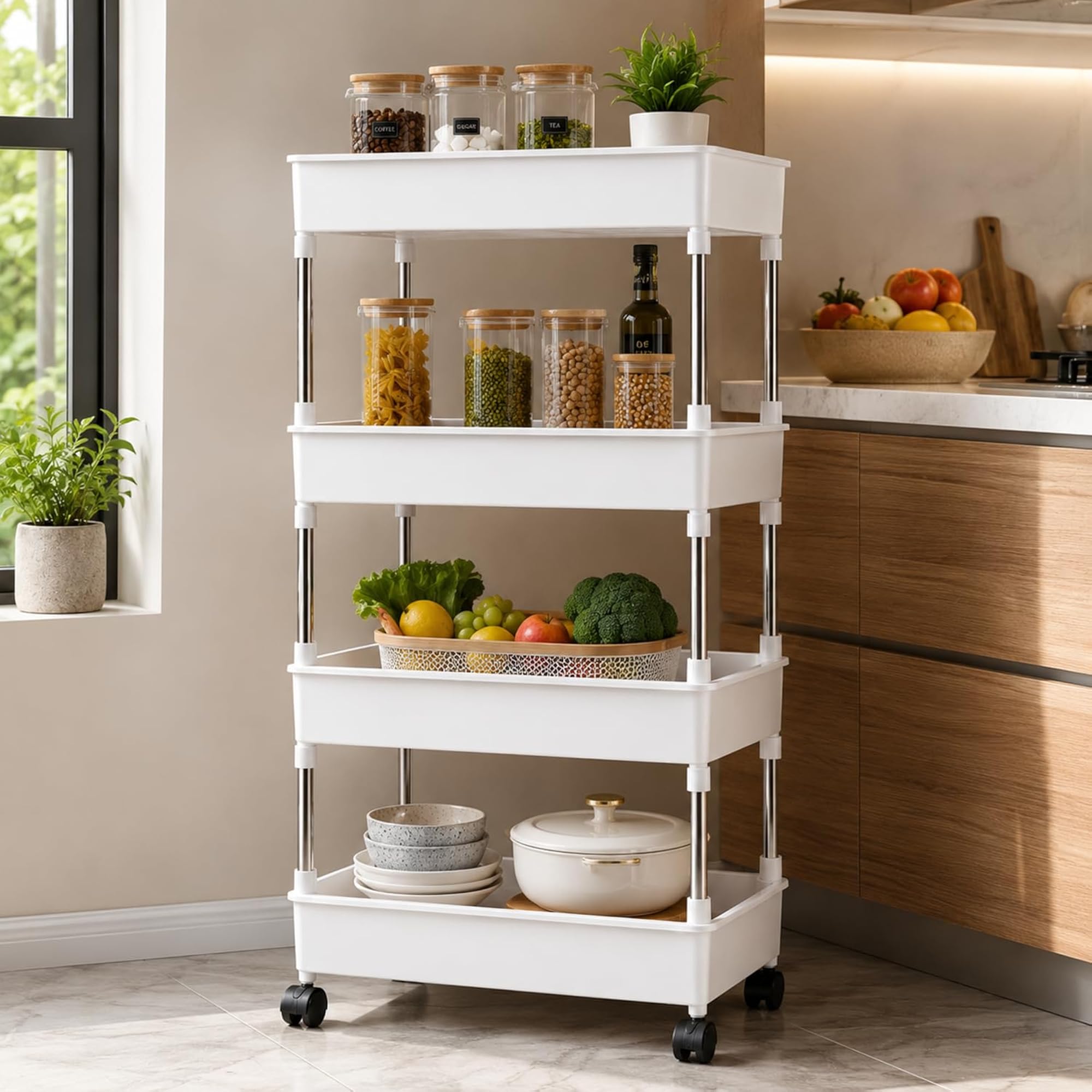 Slim Kitchen Storage Trolley, 2 Tier Rolling Utility Cart with Wheels
