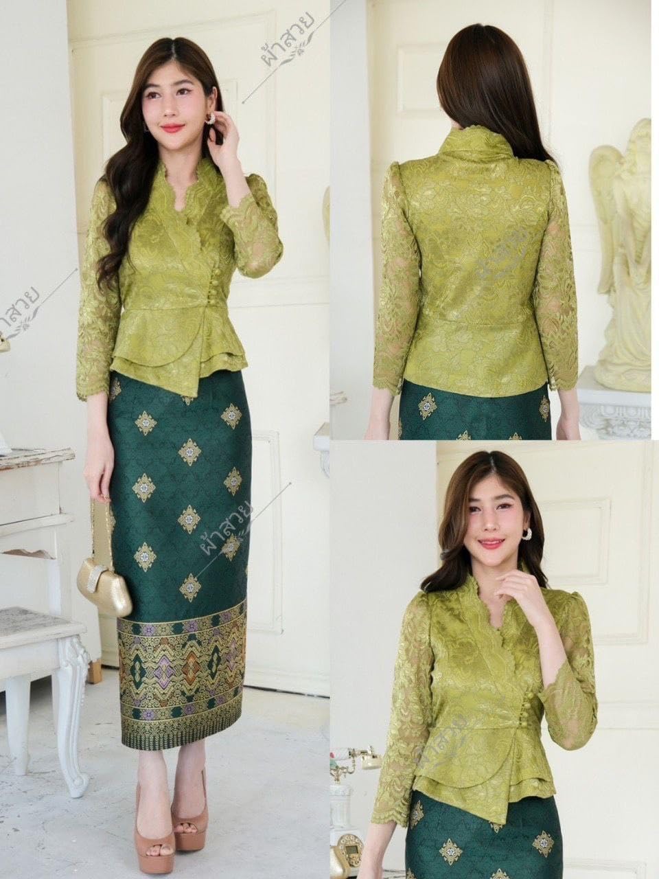 Beautiful Thai/Laos Thai Traditional Lace Silk Blouse - 10 Colors and Size 32" - 46" Lace Silk Blouse For Women