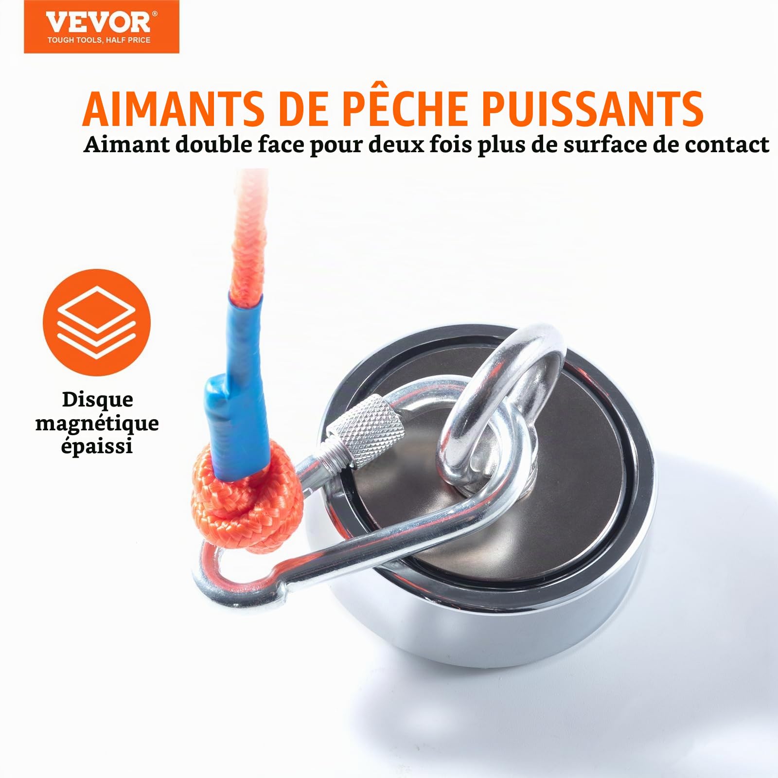 VEVOR Aimant de Pêche Double Face Super Puissants Capacité 272x2 kg Kit de Pêche à l’Aimant en Néodyme avec Corde Crochet Paire de Gants et Étui pour Pêche Magnétique et Chasse au Trésor sous l'Eau