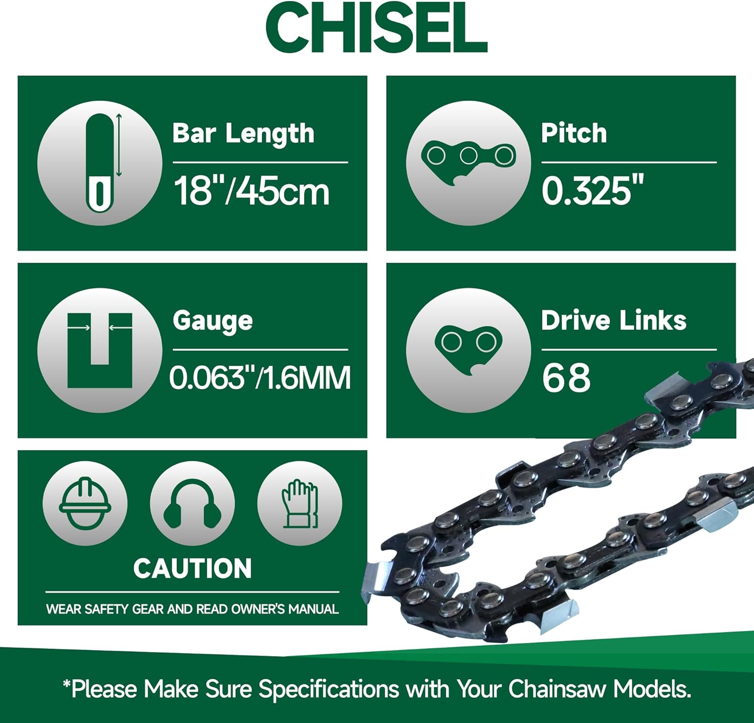 4 Pack 18 Inch Chainsaw Chain .325" Pitch .063" Gauge 68 Drive Links 18 Inch Replacement Low Kickback Saw Chains Compatible with MS250 MS251 26RS 68 Husqvarna H26 68 Carlton Oregon and More V68