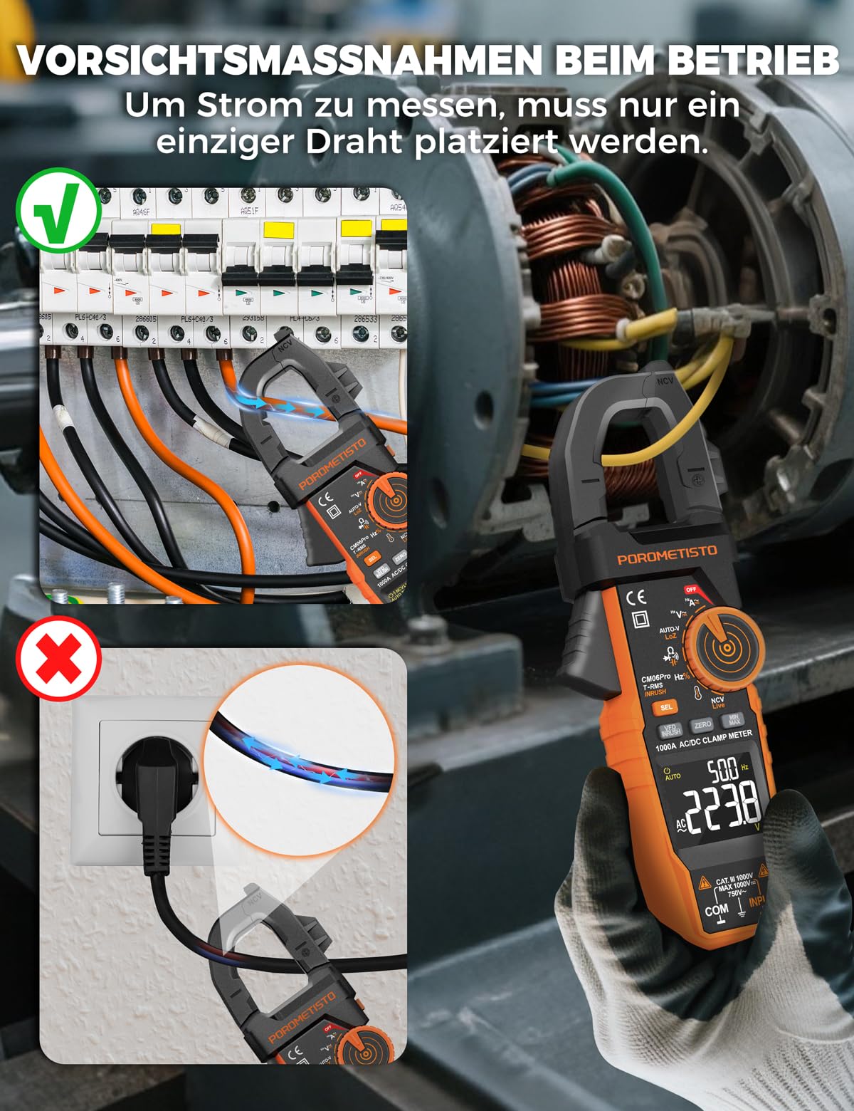 CM06PRO Digitales Strommesszange 6000 Counts True RMS, 1000A AC/DC – mit Einschaltstrommessung & NCV – Multimeter für Strom, Spannung, Widerstand, Kapazität, Temperatur, Leitungserkennung