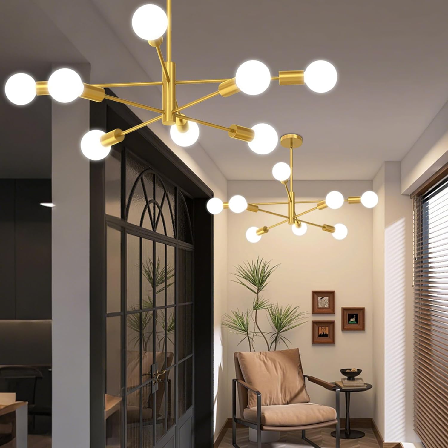 Modern Chandelier Ceiling Light Fixture, 53InchH Sputnik Chandeliers for Dining Room Hanging Light Fixtures Over Table Height Adjustable for Bedroom Kitchen Island Foyer Gold