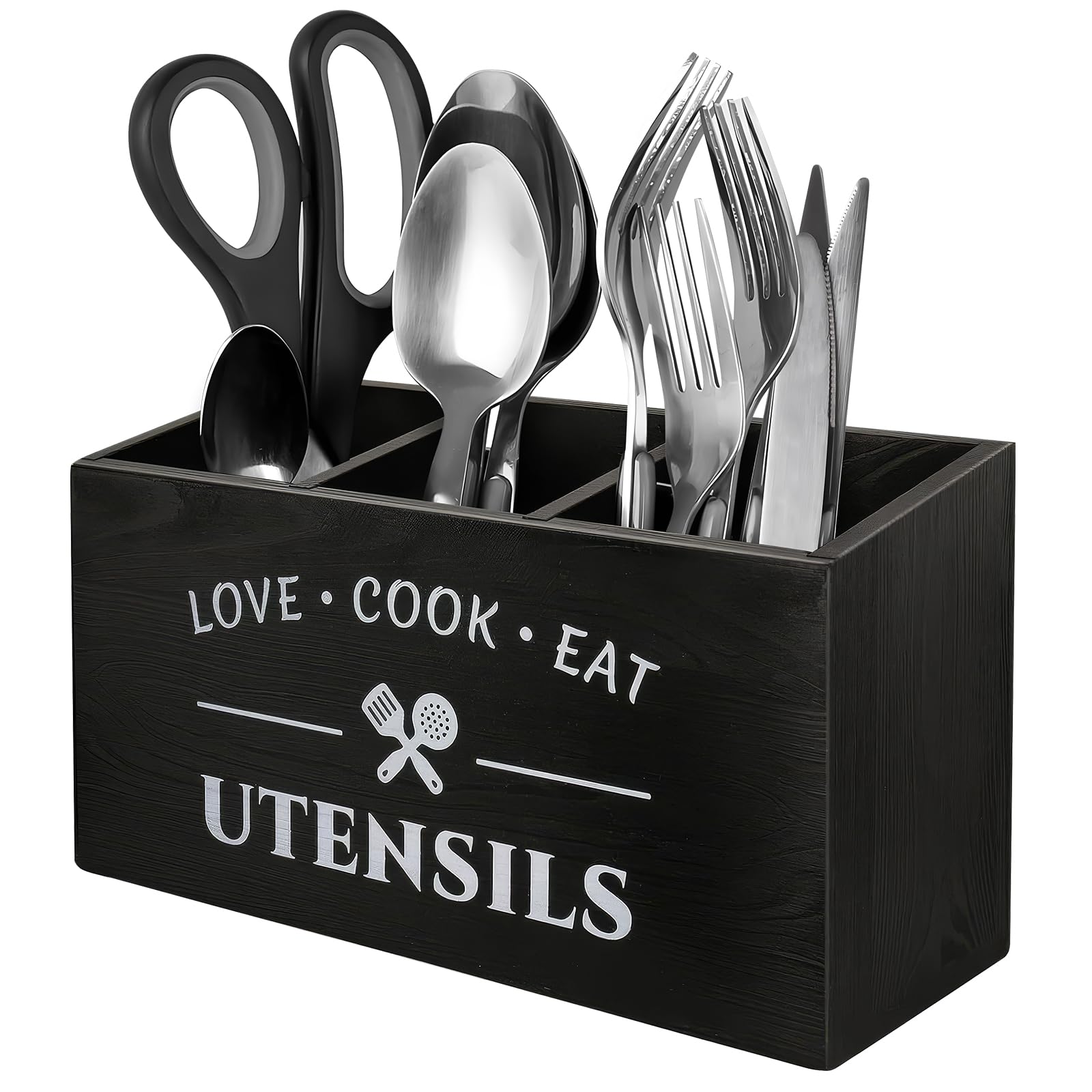 Porte-ustensiles de cuisine en bois noir grand modèle 3 compartiments