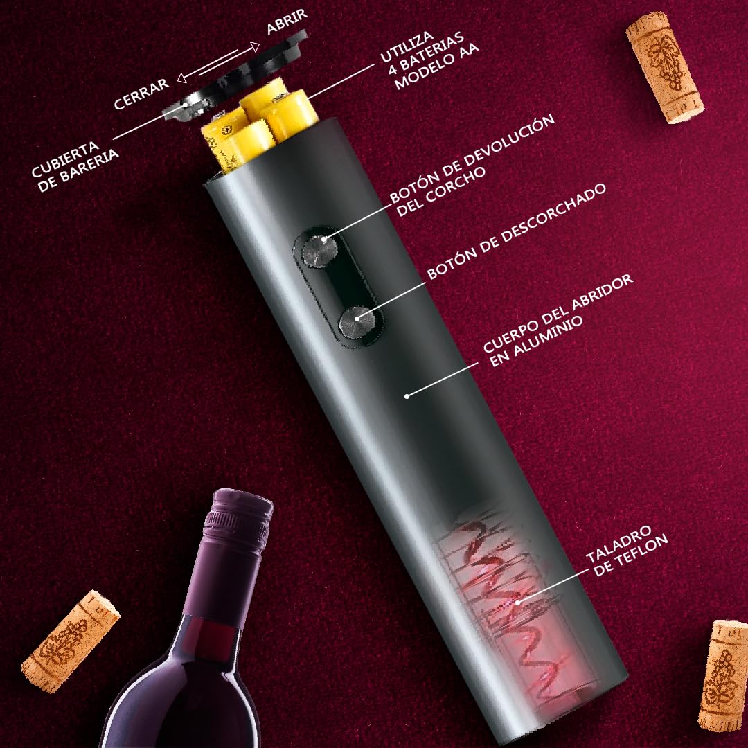 Sacacorchos eléctrico profesional con cortacápsulas, aireador y vertedor, Abridor de vino con base elegante, Regalos originales para hombre cumpleaños, Navidad o San Valentín, funciona con 4 pilas AA