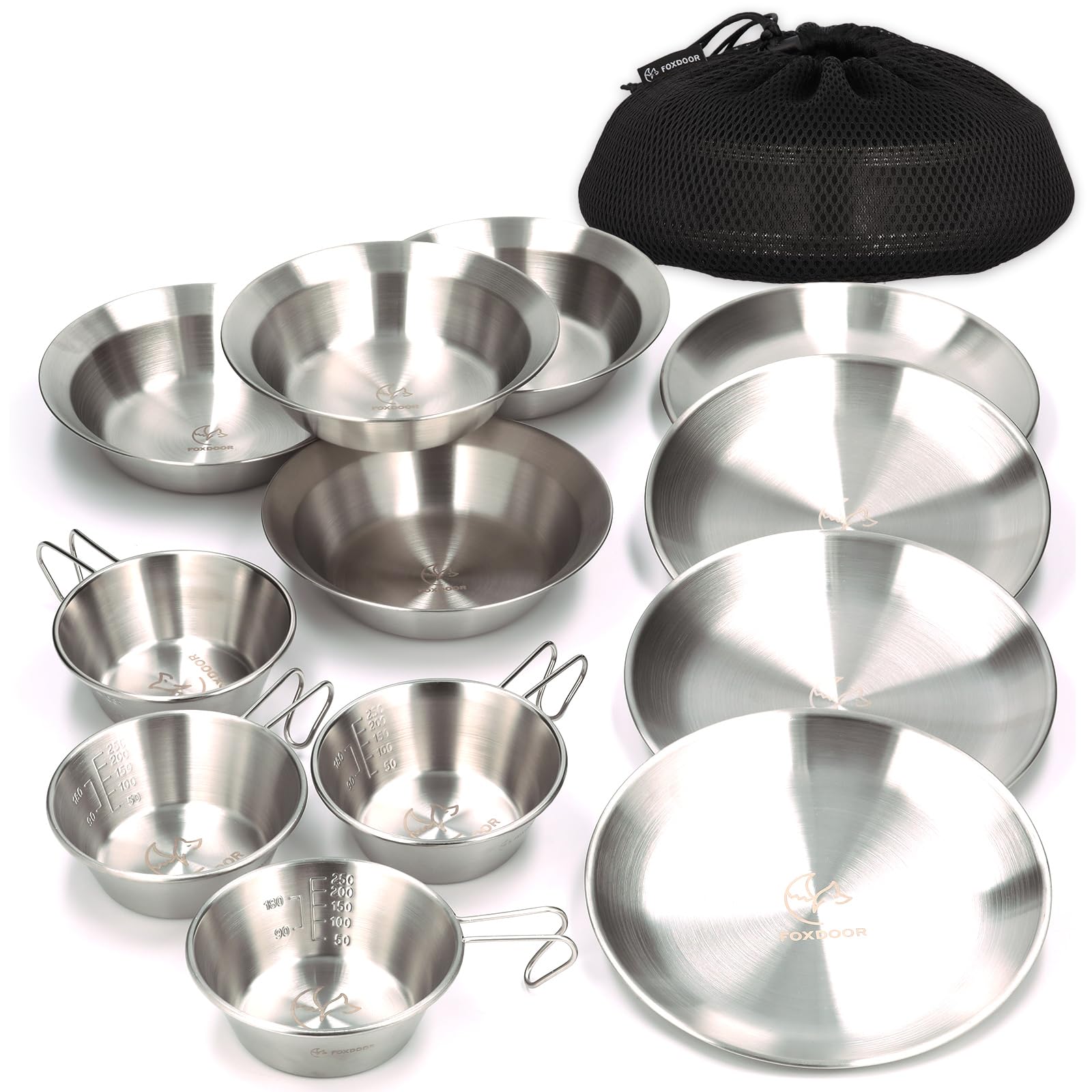 FOXDOOR アウトドア 食器セット 3枚組セット 4枚組セット シェラカップ コンパクト 収納 ステンレス キャンプ バーベキュー ファミリー