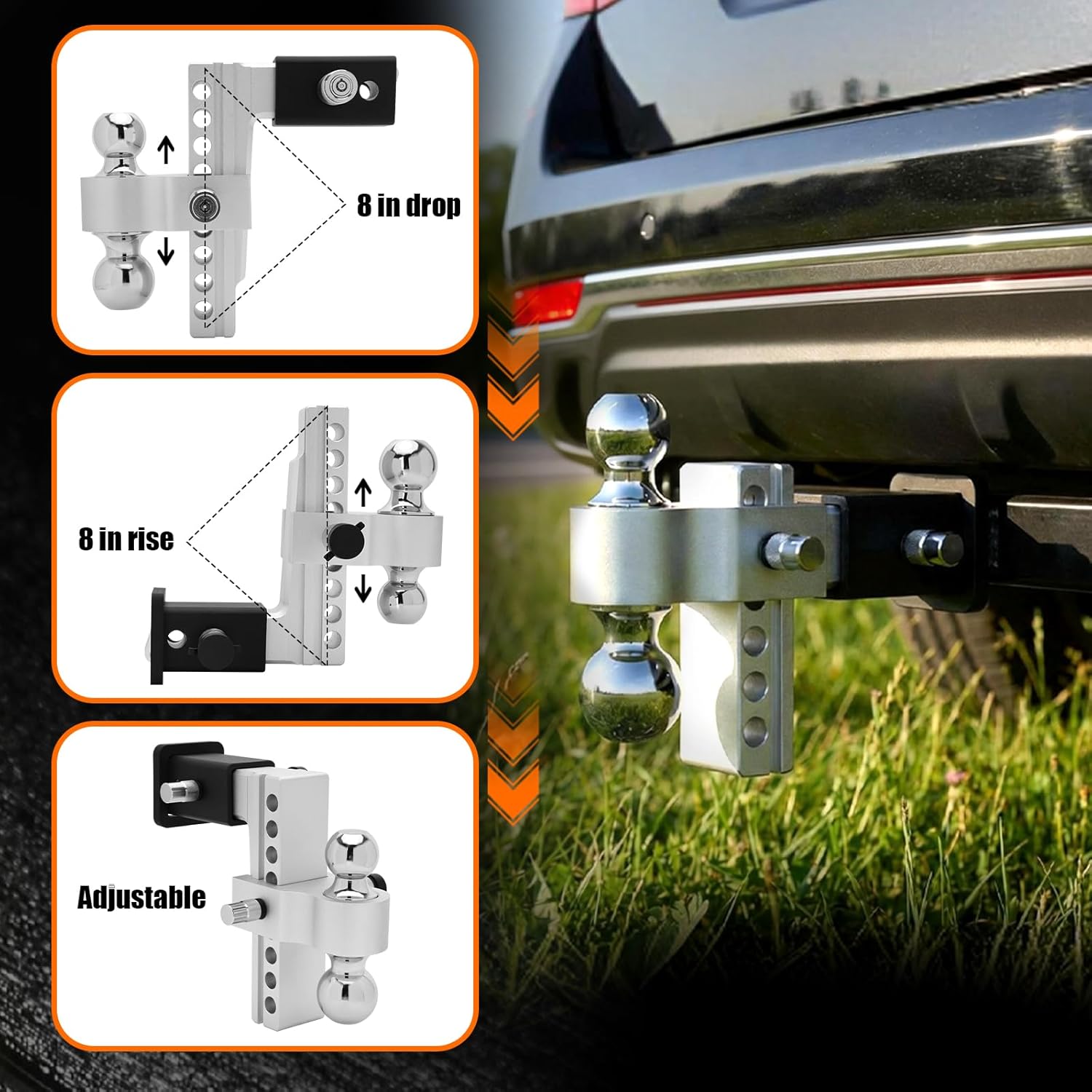 Drop Hitch 2.5 Inch Receiver, Adjustable 8 Inch Trailer Hitch Ball Mount,12000LBS GTW(2" & 2-5/16") Chrome Plated Steels Balls, Aluminum 2.5 Hitch Receiver Tow Hitches, 2 Anti-Theft Pins Locks