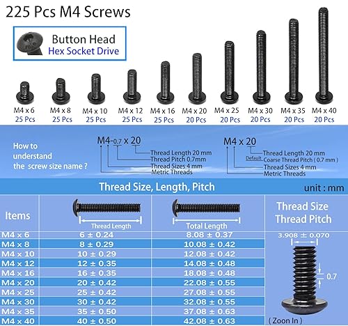 Miniatura 4 de iexcell Kit surtido de 450 piezas M4 x 681012162025303540 de acero de aleación de grado 10.9 de cabeza de botón hexagonal, tornillos de cabeza de