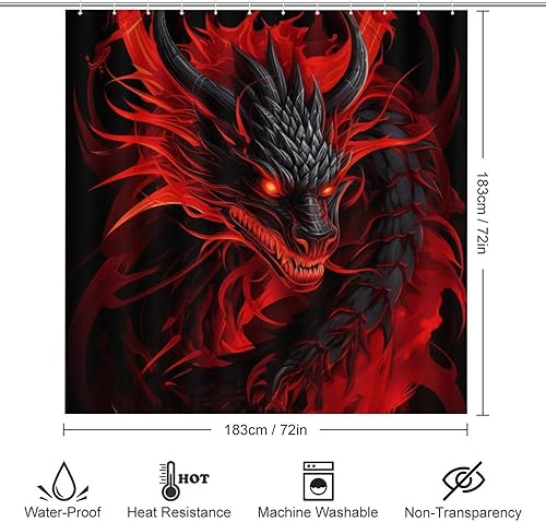 Miniatura 2 de Juego de 4 cortinas de ducha de dragón rojo fuego, juego de decoración de baño con moquetas, juego de cortina de baño con 12 ganchos