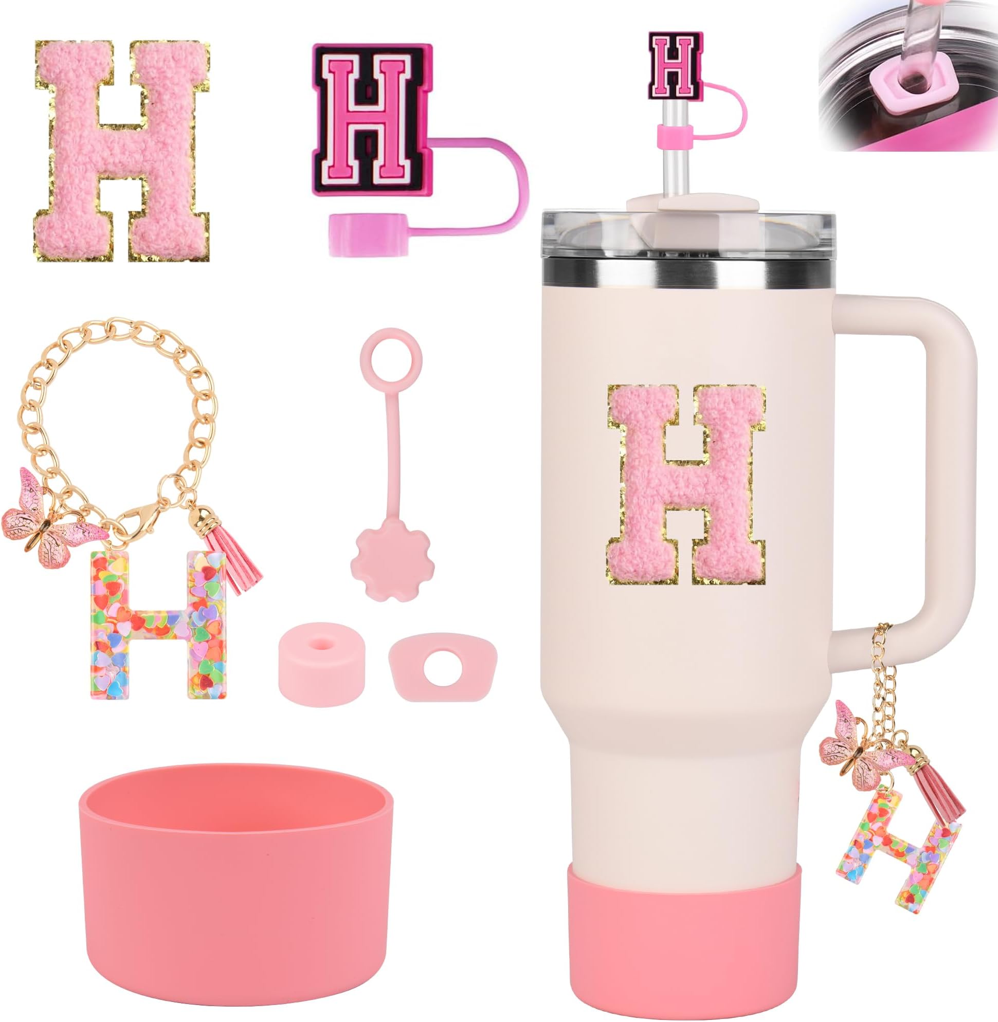 Stanley Cup Accessories Set for Stanley Cup 30oz 40oz, Stanley Tumbler Accessories Including Silicone Straw Cover Cap and Boot, Spill Proof Stopper, Cute Letter Keychain Handle Charm, Sticker (H)