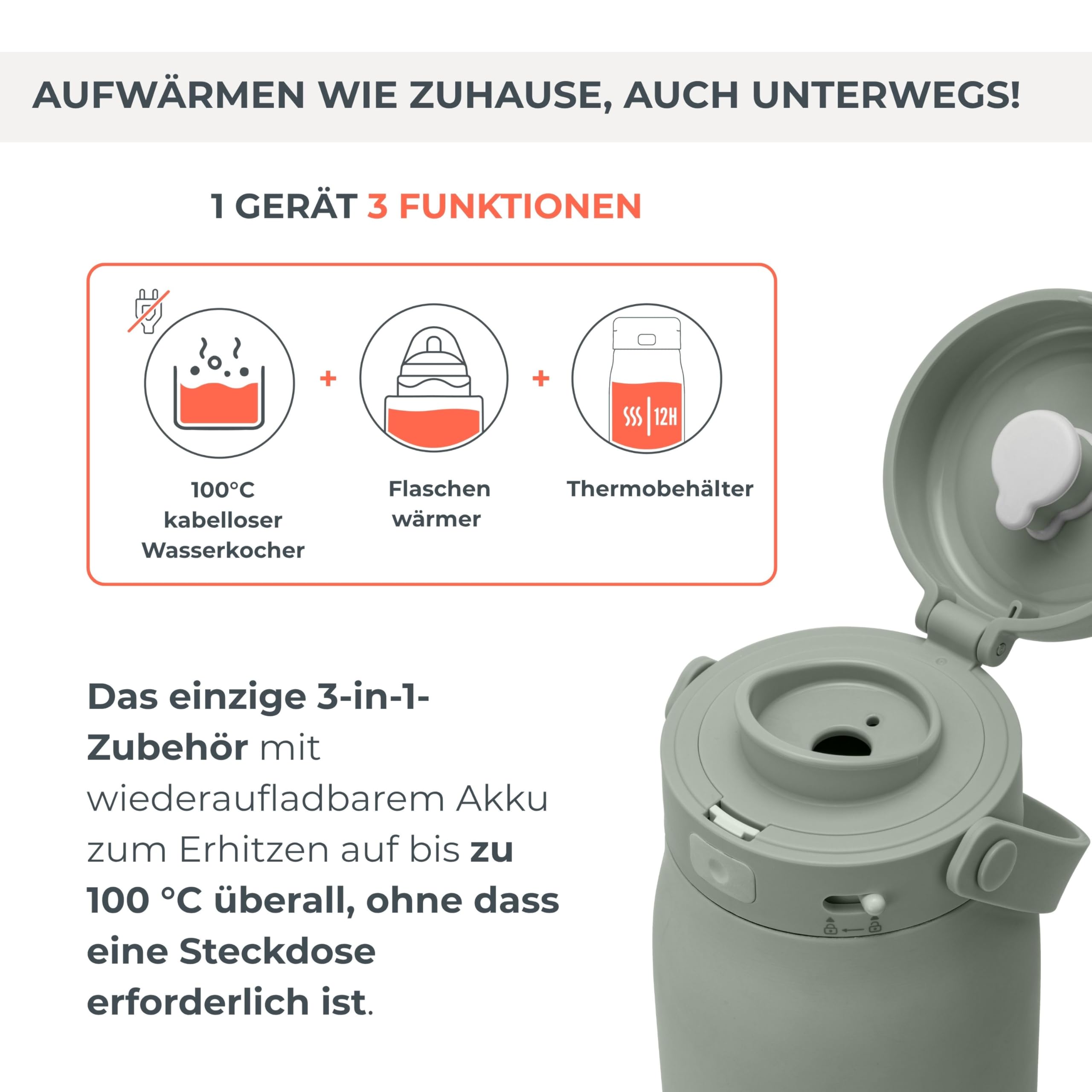 Nuvita 1190 Tragbarer Milchwärmer 500 ml – Kabelloser Flaschenwärmer mit wiederaufladbarem Akku, 3 wählbare Temperaturen 37 °C/55 °C/100 °C, hält bis zu 12 Stunden warm, ideal für Milch und Kräutertee