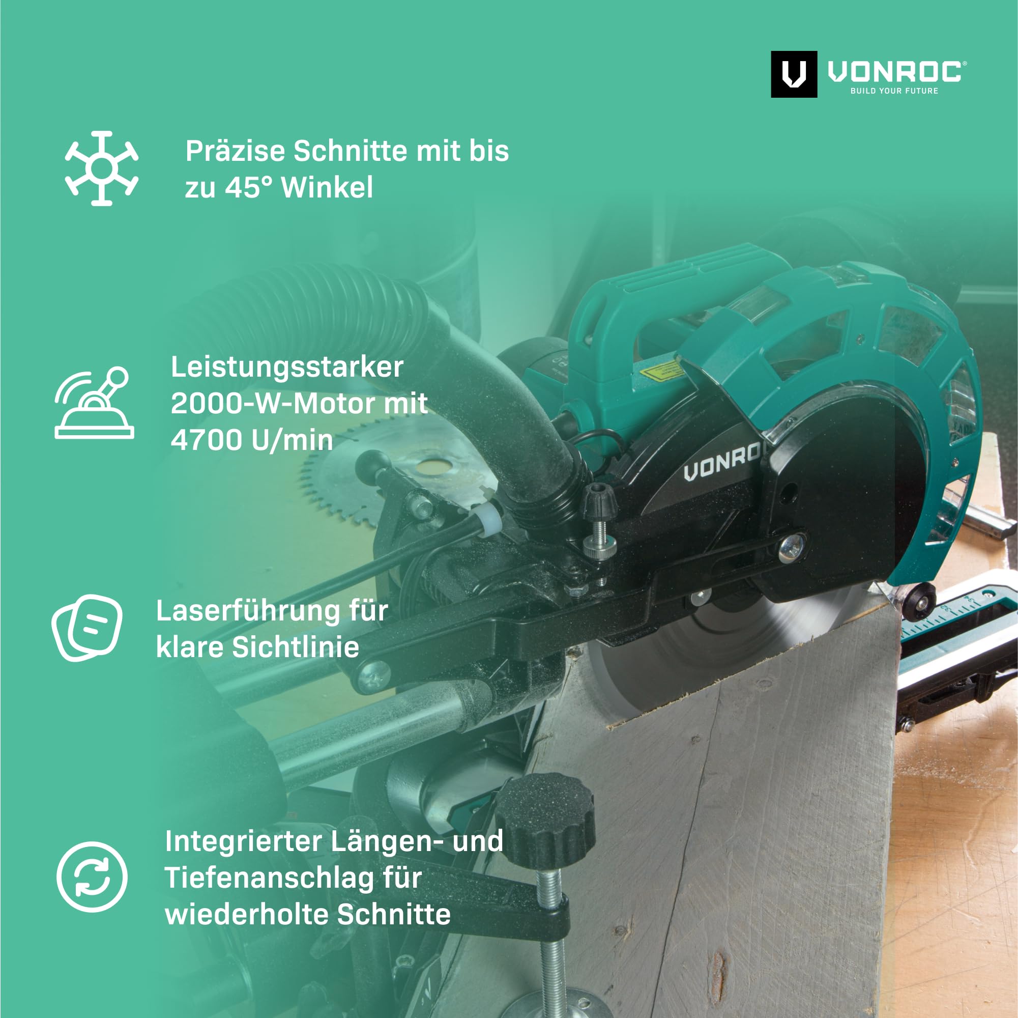 VONROC Kapp- und Gehrungssäge - Elektrische Holzsäge 2000W - 216mm mit Laser & LED, Staubsammelbeutel