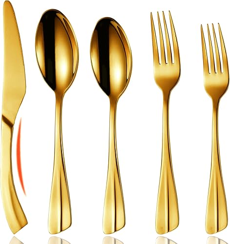 Locci Juego de cubiertos dorados de 20 piezas, juego de cubiertos de acero inoxidable 18/10, juego de cubiertos para 4, apto para lavavajillas