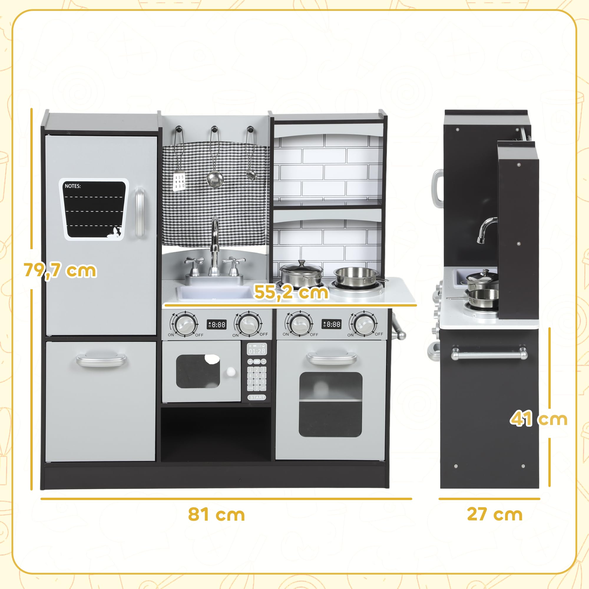 AIYAPLAY Cocina de Juguete de Madera con Sonido 81x27x79,7 cm Marrón Oscuro | Cocinita Infantil, Accesorios de Acero Inoxidable, Nevera, Microondas, Fregadero
