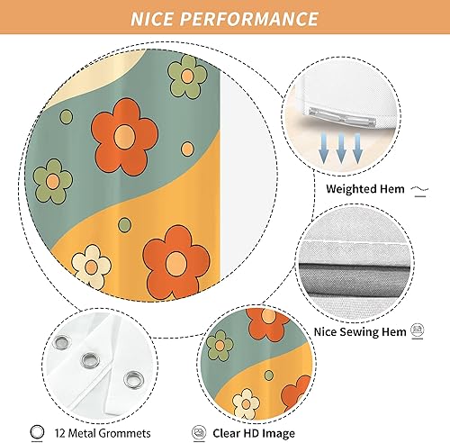 Miniatura 4 de Linda cortina de ducha retro de los años 70 con diseño floral de margaritas para baño, 72 pulgadas de ancho x 72 pulgadas de alto, decoración de